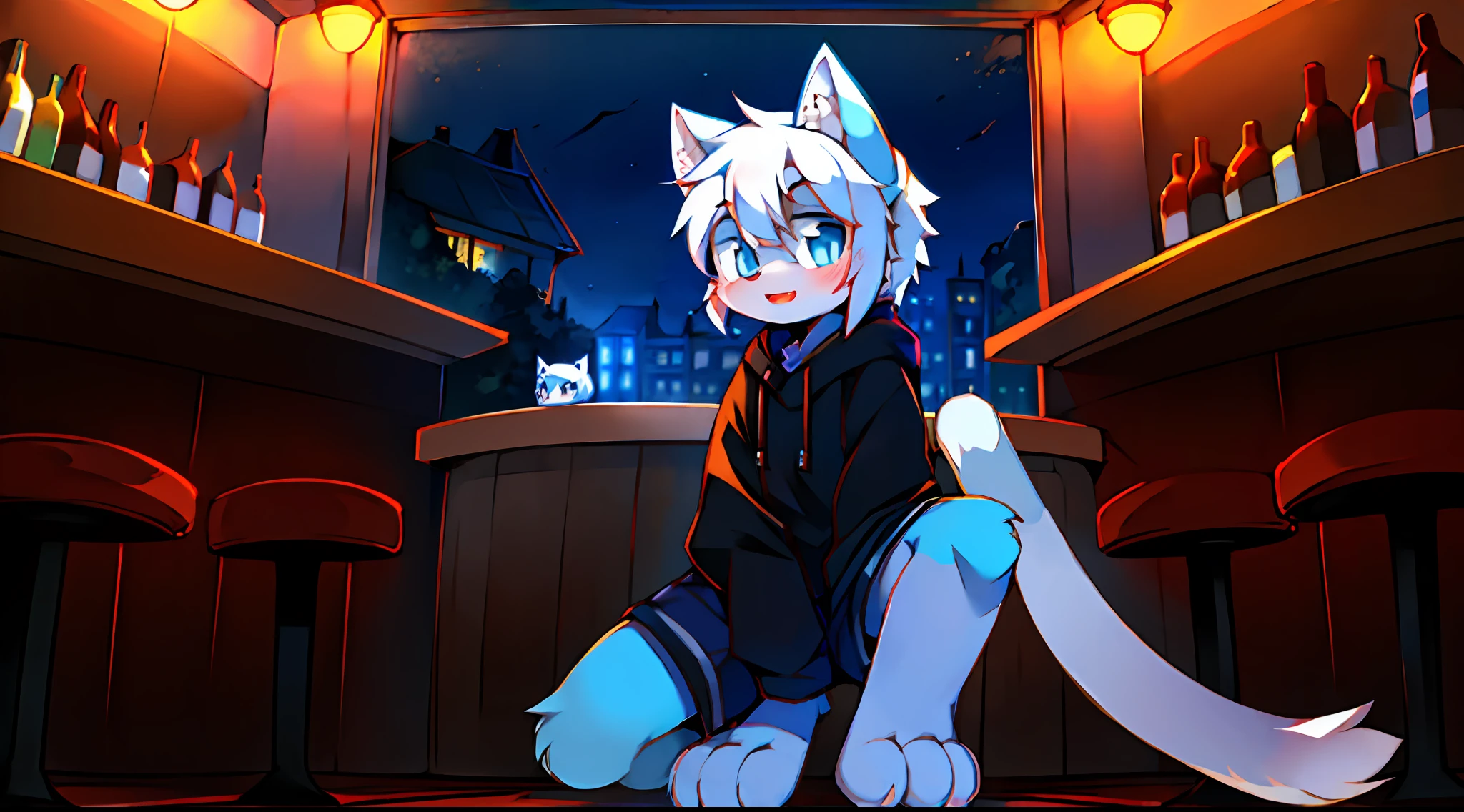 Cat, white hair, white cat ears, blue eyes, sky blue paws, white cat tail, cute, big eyes, shota, wearing a black sweatshirt, night bar