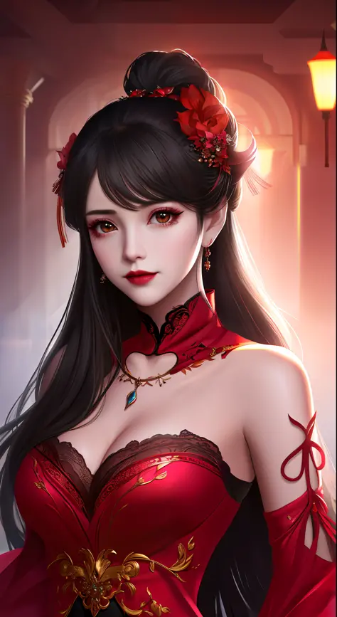 best quality, masterpiece, highres, 1girl, hanfu, white and even teeth, red irises, chinese underwear, hair ornaments, necklace, jewelry, crown jewelry. Pretty face, upper body, magic import style, tyndall effect, photo realistic, dark studio, border light...