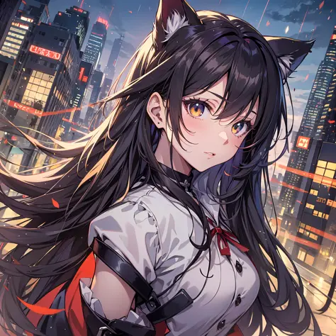 Best quality, 8K)) One woman anime girl with black long hair and cat ears, Rin Tohsaka, anime moe art style, anime style like Fate/stay night, anime girl with long hair, very cute anime girl face, night core, from the front line of girls, cute anime girl p...