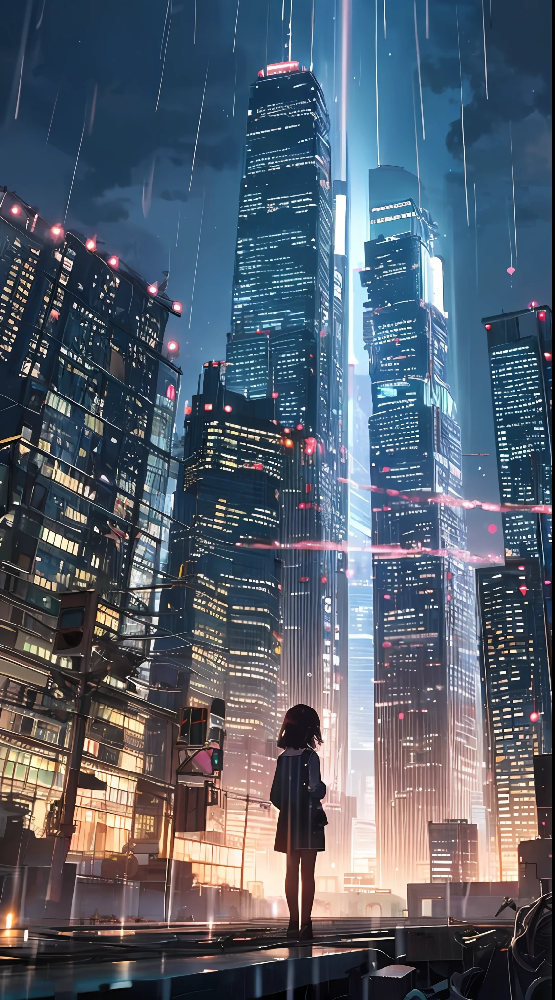 Ein dystopischer Hoffnungsschimmer, ein junges Mädchen wandert in einen dunklen Wolkenkratzer, Der Rücken eines kleinen Mädchens im Hintergrund in der Mitte des Bildschirms, ein sehr komplexes Stadtbild, Eine zerstörte Welt, eine ziehende Komposition, Industrie, Hochauflösende Darstellung, eine Stadt mit Stromleitungen, Regen