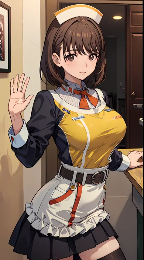 anime girl with big breasts posing in front of the window, (((waitress uniform: 1.2)))), ((yellow uniform)), ((no bra)), (full s...