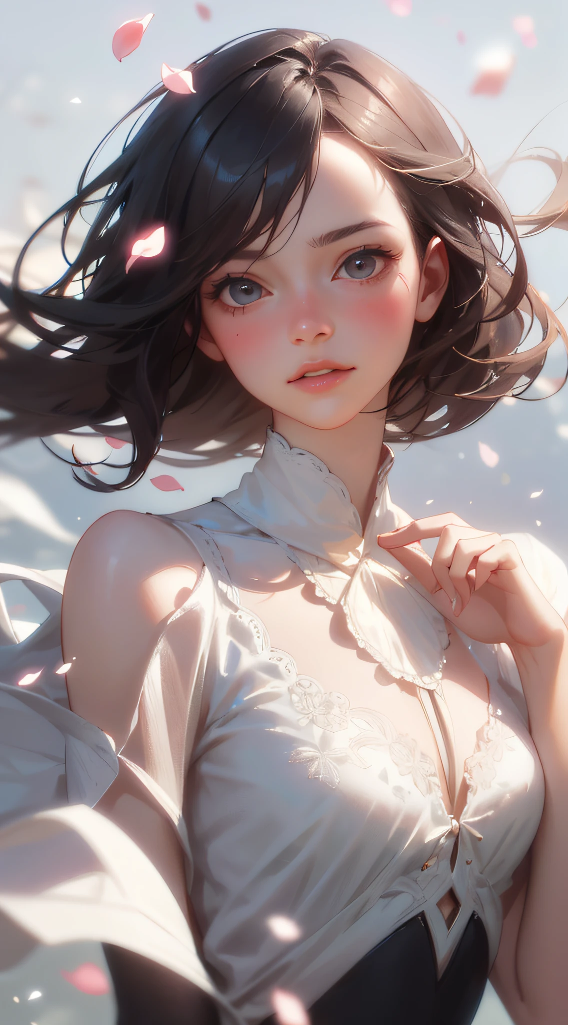 (best quality, masterpiece, ultra-realistic), 1 beautiful and delicate portrait of a girl, playful and cute, with floating petals in the background