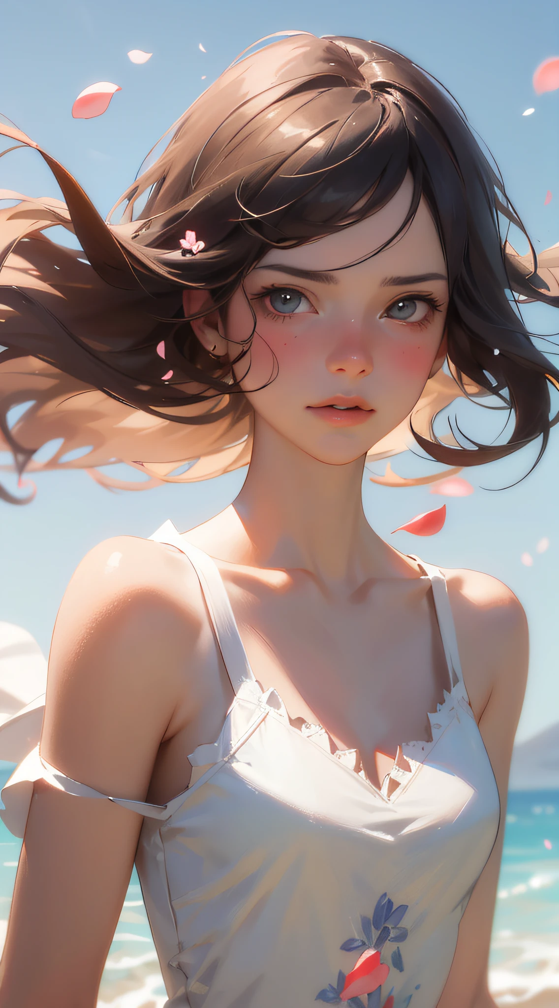 (best quality, masterpiece, ultra-realistic), 1 beautiful and delicate portrait of a girl, playful and cute, with floating petals in the background