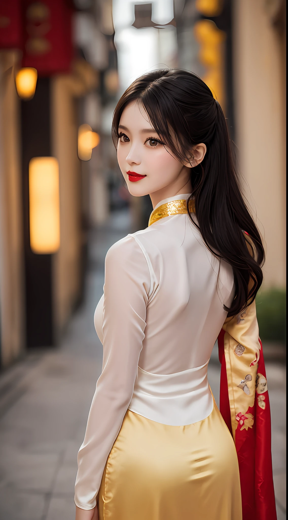1 very pretty girl, solo, 27 years old, girl wearing bridal ao dai, long dress and hair jewelry, young girl wearing white ao dai, red and yellow silk pants, red and white hugging ao dai, thin ao dai fabric, wearing with ao dai, luxurious and mysterious dark color version, hair jewelry with many sophisticated patterns, head jewelry, red lips, thin and beautiful lips, captivating smile, beautiful details, detailed background detailed, super detailed, magic lighting, nice lighting effects, clear face, shoulder length hair, beautiful and well proportioned face, (transparent yellow eyes : 1.8), big round eyes and very beautiful and meticulous, wearing a silk dress, mysterious makeup, jewelry on ao dai, bangs flat and dyed in light yellow, medium-sized, even breasts, big buttocks, flat stomach, body curves perfect girl, girl's portrait, upper half, hanging, Real and alive, (stars: 1.7), (sky of the zodiac: 1.8), fiction , RAW photos, Vietnam Ao Dai photos, beautiful photos best, 8k, best quality 8k photo, surreal, most realistic,