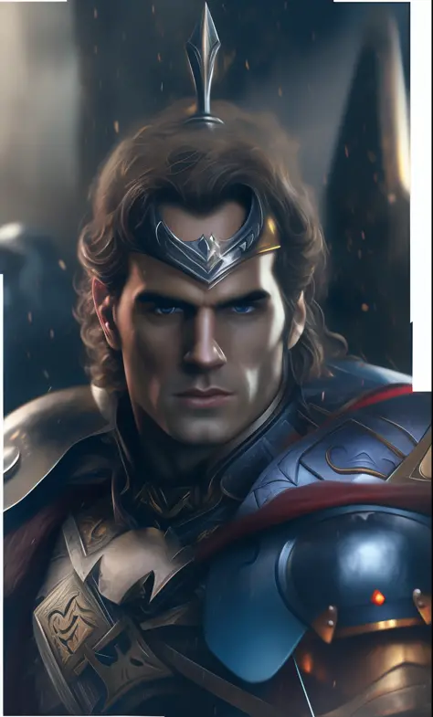 a close up of a man with a sword and a blue eye, henry cavill as a warrior, henry cavill as arthas menethil, henry cavill as a s...