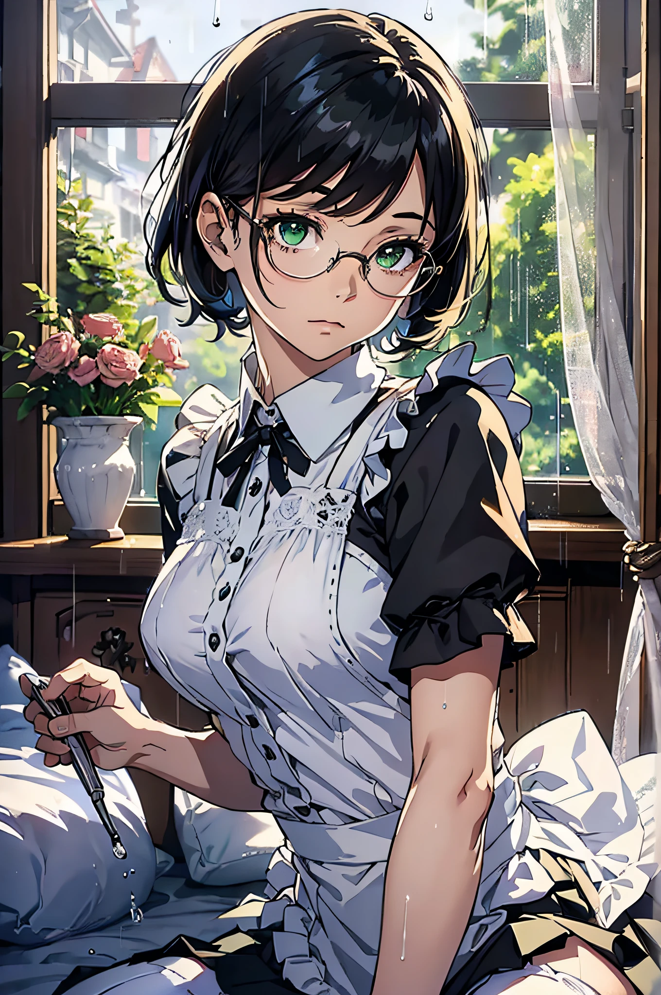 Masterpiece, best quality, 8k, fine details, detailed face, detailed hair, 1 girl, (black hair), Japanese maid outfit, white suspender stockings, slender figure, short hair, (beautiful girl), Lift the maid skirt from the front, cute, tangled expression, upper body, (green eyes), with glasses, looking down, looking down, windows, night, raindrops, shadows, rain, bedroom, bed, curtains, flowers, clocks, exquisite interior design,