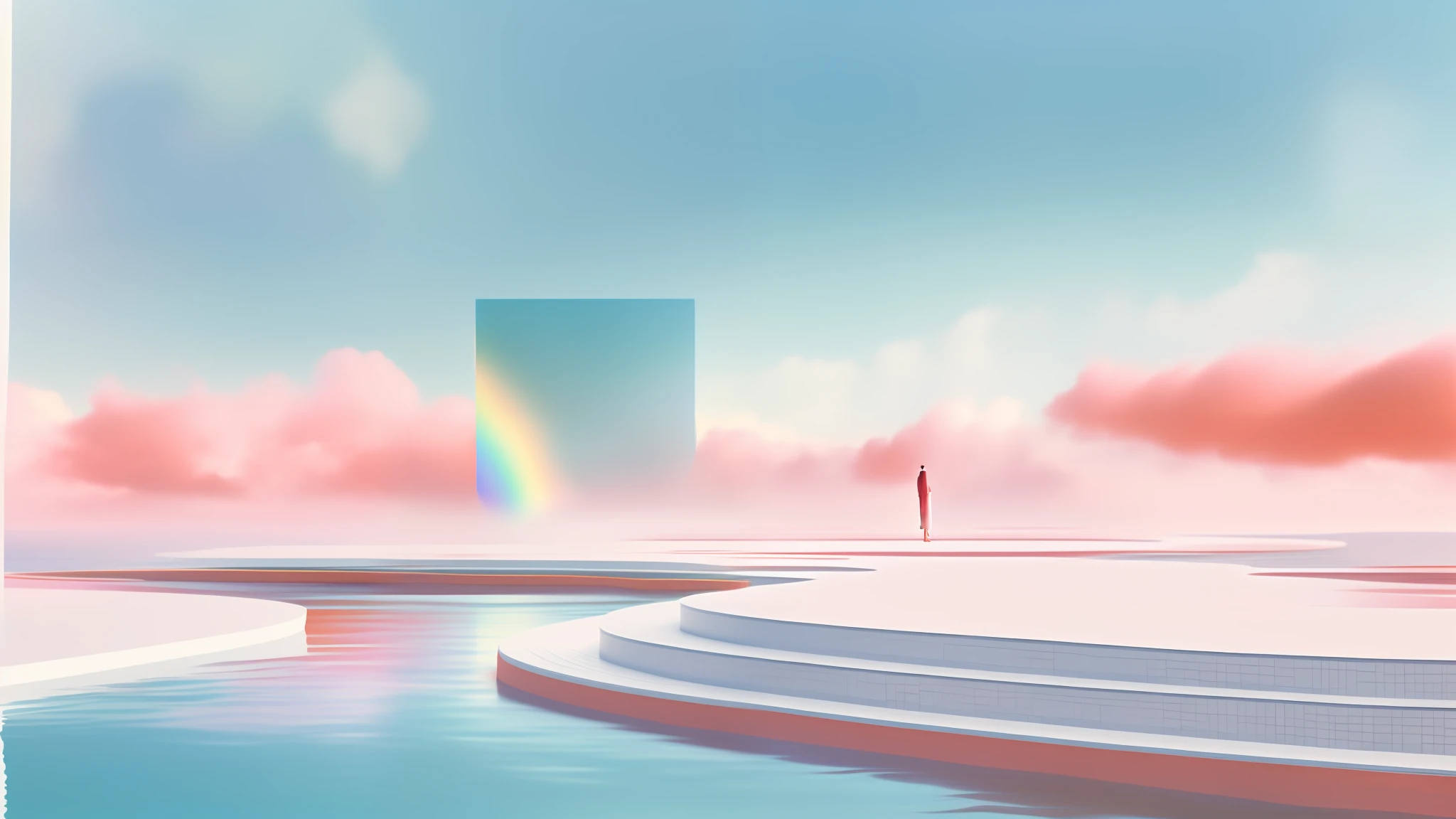 there is a man standing on a platform in a pool, colorful flat surreal ethereal, in a surreal dream landscape, a surreal dream landscape, surreal 3 d render, surreal background, vaporwave surreal ocean, surreal dream landscape, octane render a  rainbow, blurred and dreamy illustration, surreal dreamscape, surrealism aesthetic, inspired by Mike Winkelmann, dreamlike atmosphere