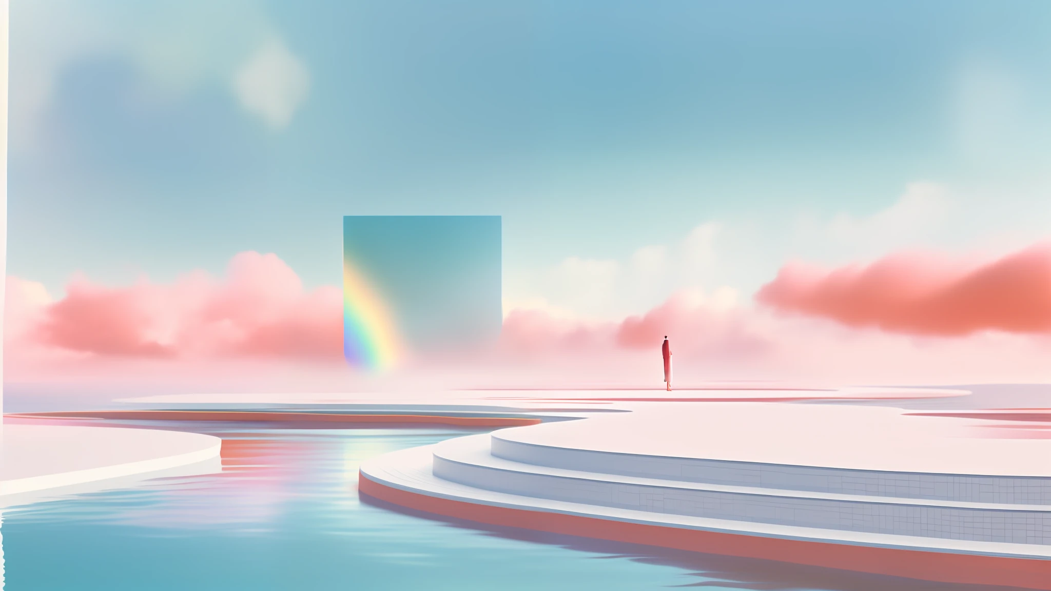 there is a man standing on a platform in a pool, colorful flat surreal ethereal, in a surreal dream landscape, a surreal dream landscape, surreal 3 d render, surreal background, vaporwave surreal ocean, surreal dream landscape, octane render a lonely rainbow, blurred and dreamy illustration, surreal dreamscape, surrealism aesthetic, inspired by Mike Winkelmann, dreamlike atmosphere