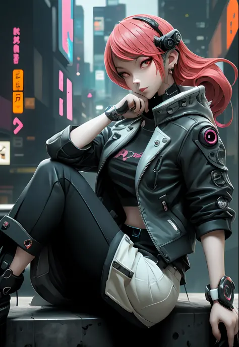a woman with red hair sitting on top of a wall, anime cyberpunk art, cyberpunk anime art, female cyberpunk anime girl, cyberpunk...