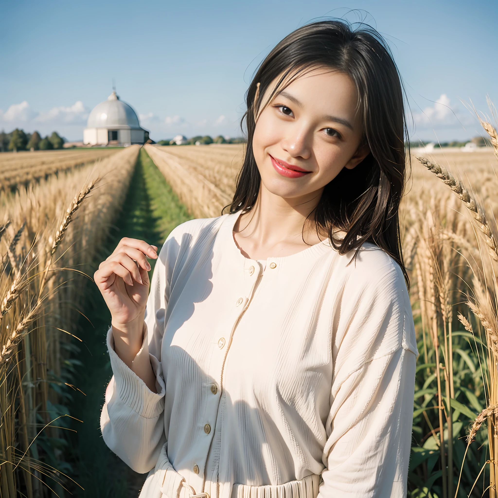 1 girl, standing in rustic farm environment. She has a soft, gentle smile and expressive eyes. In the background is a charming barn (golden wheat field) and clear blue sky. The composition should be bathed in warm primetime light, with a soft depth of field and soft bokeh to accentuate the idyllic tranquility. Capture images as if it were shot on vintage 35mm film to add charm,
filmg, ((detailed eye))
((Holy Dome Field))