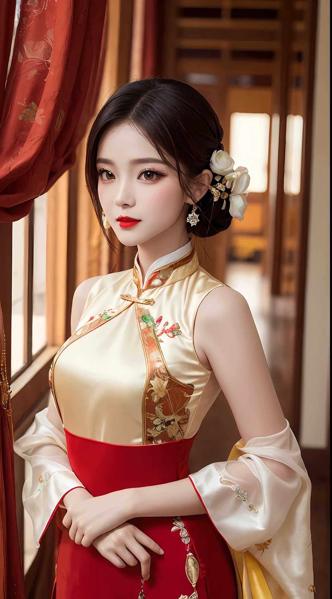 1 very pretty girl, solo, 27 years old, girl wearing bridal ao dai, long dress and hair jewelry, young girl wearing white ao dai, red and yellow silk pants, red and white hugging ao dai, thin ao dai fabric, wearing with ao dai, luxurious and mysterious dark color version, hair jewelry with many sophisticated patterns, head jewelry, red lips, thin and beautiful lips, captivating smile, beautiful details, detailed background detailed, super detailed, magic lighting, nice lighting effects, clear face, shoulder length hair, beautiful and well proportioned face, (transparent yellow eyes : 1.8), big round eyes and very beautiful and meticulous, wearing a silk dress, mysterious makeup, jewelry on ao dai, bangs flat and dyed in light yellow, medium-sized, even breasts, big buttocks, flat stomach, body curves perfect girl, girl's portrait, upper half, hanging, Real and alive, (stars: 1.7), (sky of the zodiac: 1.8), fiction , RAW photos, Vietnam Ao Dai photos, beautiful photos best, 8k, best quality 8k photo, surreal, most realistic,