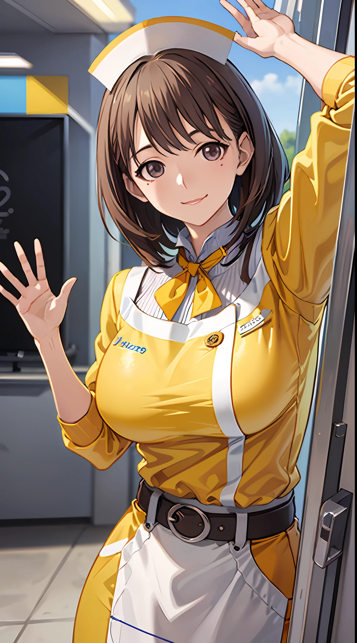 Anime girl with big breasts posing in front of the window, ((Waitress Uniform: 1.2)))), ((Yellow Uniform)), ((Yellow Sleeves)), (Apron)), ((Best Smile)))), (Upper Body)), ((Focus on People)), ((Brown Hair)), ((Seeing from the front)), (Waving)), Seductive Anime Girl, Best Anime 4k Konachan Wallpaper, attractive anime girls, 4k anime wallpapers, detailed digital anime art, anime best girls, beautiful anime girls, cyberpunk, detailed anime artwork, beautiful attractive anime women