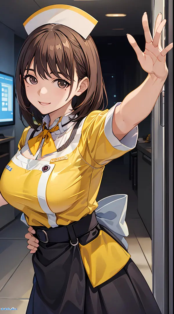Anime girl with big breasts posing in front of the window, ((Waitress Uniform: 1.2)))), ((Yellow Uniform)), ((Yellow Sleeves)), ...
