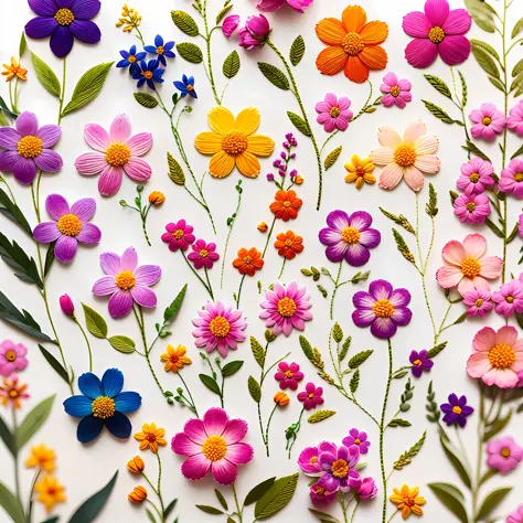 "abundance of colorful small flowers on a white background"