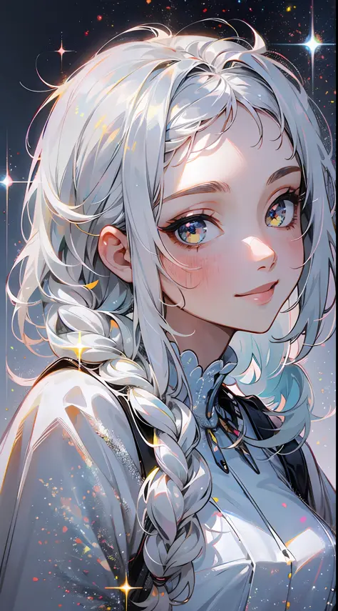 1 girl, solo, superlative, masterpiece, white hair, golden eyes, white clothes, looking up, upper body, hair, fair skin, side braids, looking at the audience, sparkling, smiling, gray eyes,