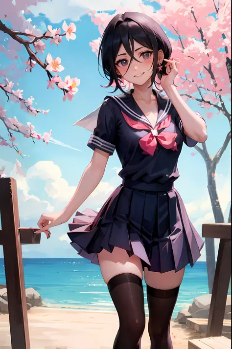 Rukia kuchiki, 1girl, solo, ((sailor uniform)), black thighhighs, breasts, cleavage, pleated skirt, hair between eyes, medium br...