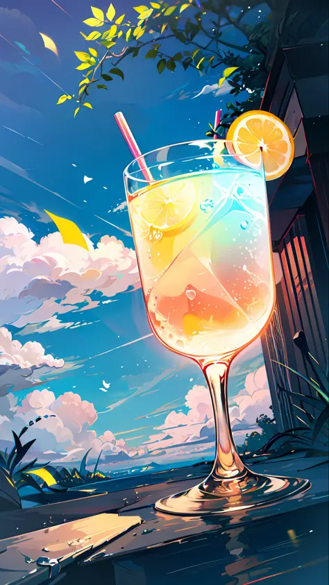 No Man, Lemonmint Drink, Yellow to Blue, Cool, Colored Straws, Ice Cubes, Green Leaves, Outdoor, Clear Blue Sky, Beautiful Clouds --auto