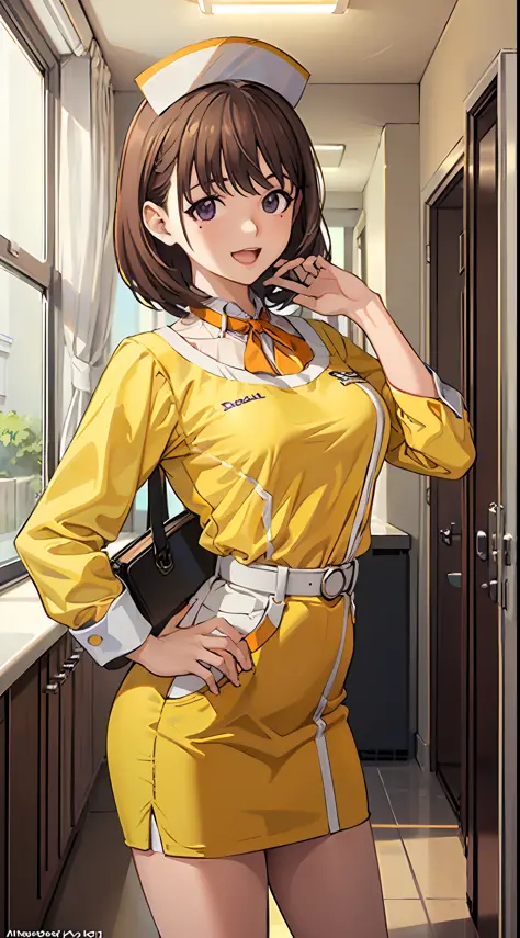 big anime girl posing in front of window、((waitress uniform:1.2)))、((yellow uniform)), ((yellow sleeves)), ((yellow tight skirt)...