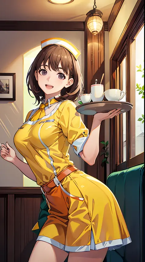 Big anime girl posing in front of window、((Waitress Uniform:1.2)))、((Yellow Uniform)), ((Yellow sleeves)), ((Yellow tight skirt)...