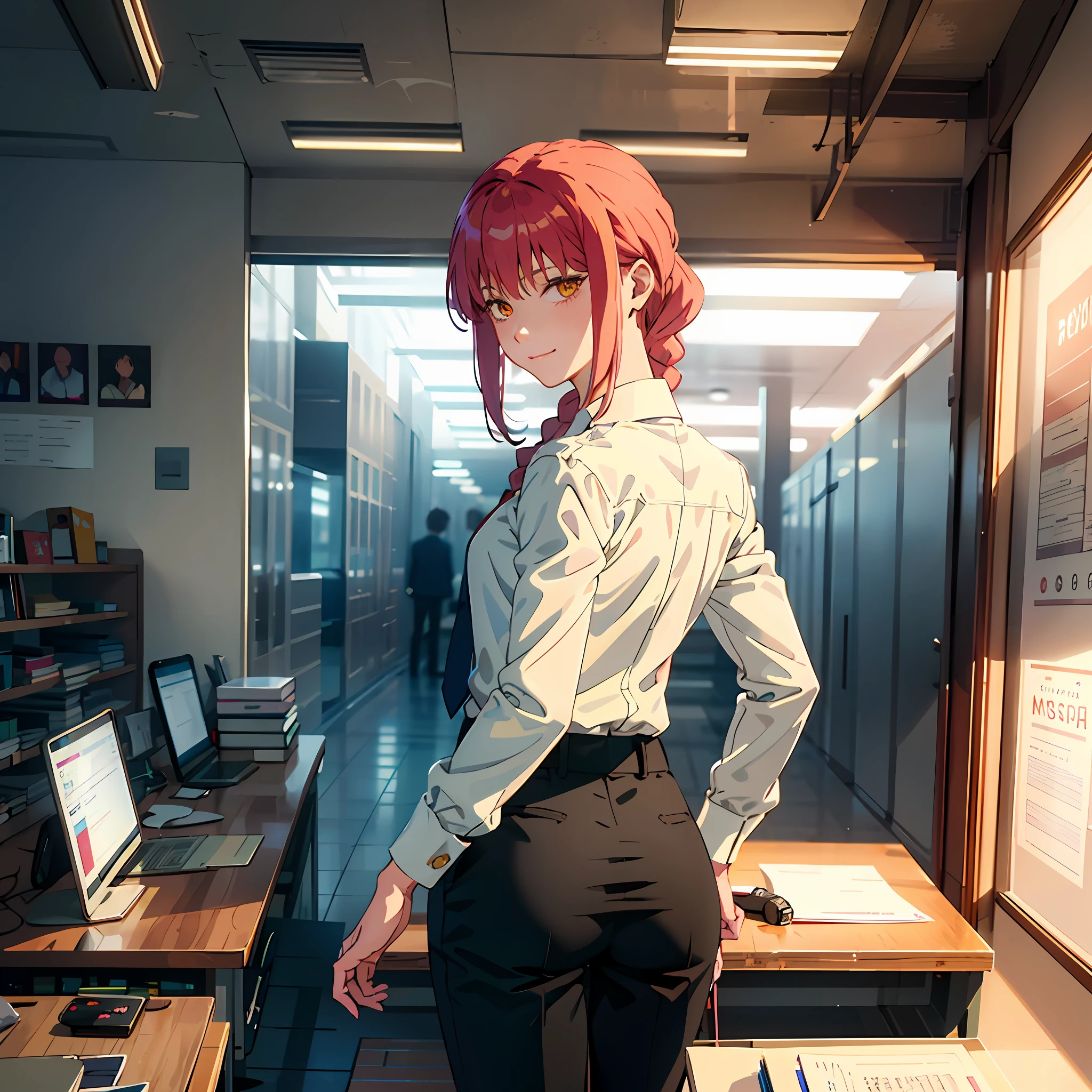 (masterpiece, best quality:1.2), from behind, solo, 1girl, makima, slight pervert smile, closed mouth, looking back, braided ponytail, ringed eyes, white shirt, black pants, bent forward, hands on desk, bent on desk, pervert, ultra detailed, beautiful body, best quality, red hair, office pants, necktie, chainsaw man anime, sexy, full body, nice booty, formal, suit, collared_shirt, pants, office, secretary