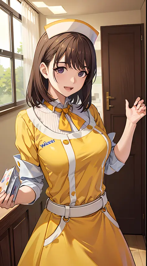 Big anime girl posing in front of window、((Waitress Uniform:1.2)))、((Yellow Uniform)), ((Yellow sleeves)), ((Yellow skirt)), ((O...