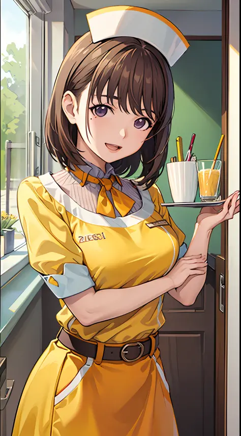 big anime girl posing in front of window、((waitress uniform:1.2)))、((yellow uniform)), ((yellow sleeves)), ((yellow skirt)), ((o...