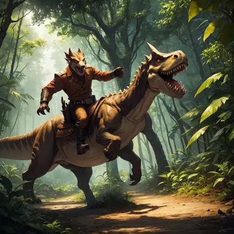 Wolf Happy Riding Dinosaur \((Masterpiece, Best Quality: 1.2), Yellow and Green Jungle Dinosaur Triceratops (Reality: 1.5)\), Be...