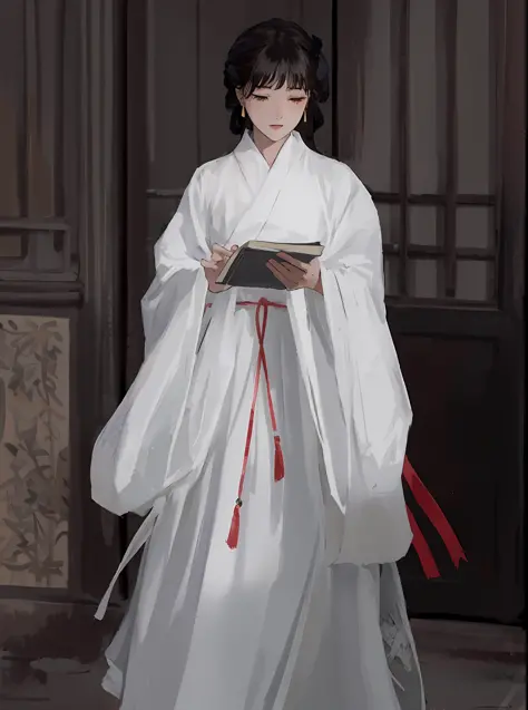 arafed woman in a white dress holding a book, white hanfu, flowing white robes, Hanfu, flowing white robes, palace ， a girl in h...