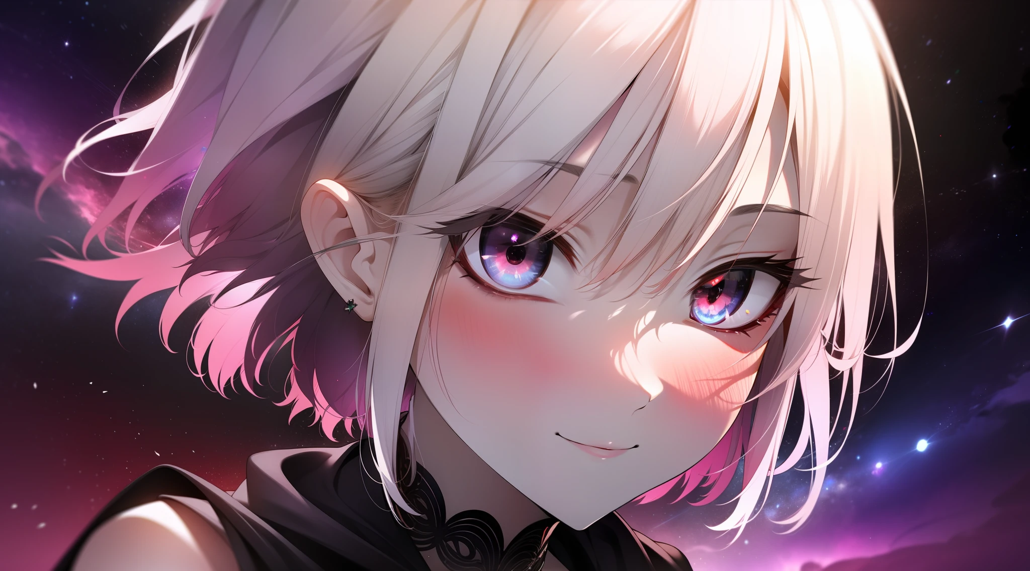 white hair, red eyes,1Girl, pale skin, white hair, red eyes, two tone hair, eyelashes, bracelet, Jewelry, smile, gleaming skin, shiny hair, detailed and majestic stage, Fantasy, short Hair, 1 girl, two tone hair, night sky, Incredibly detailed CG illustration, masterpiece, looking at you, anime, beautiful anime eyes, Beautiful detailed eyes, eyes, glittering eyes, red eyes, galaxy, nebula, face zoom