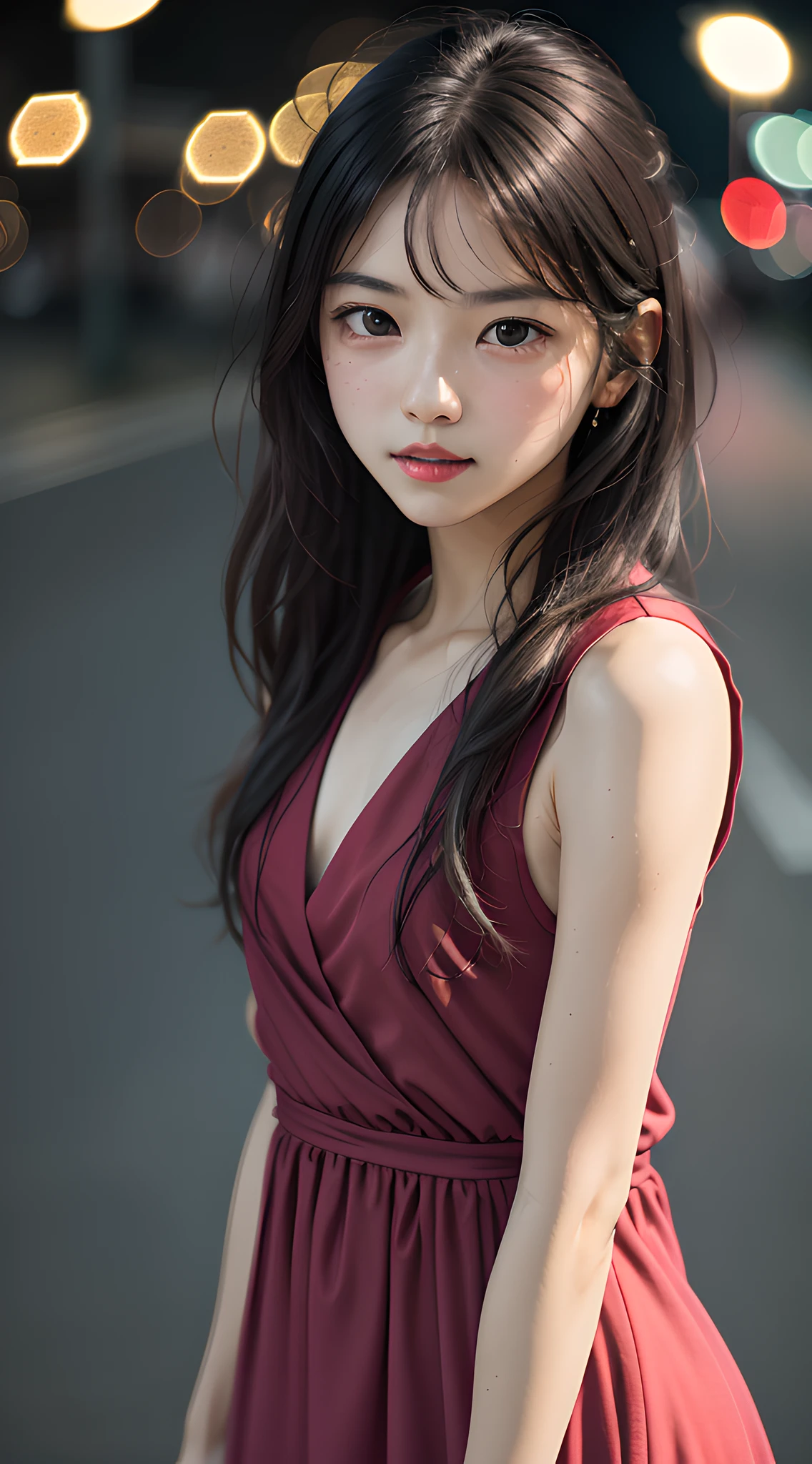 masterpiece, best quality, raw photo, absurdres, award winning portrait, solo, beautiful girl, cute face, 18yo, 8k, (purplish red dress:1.3), DSLR, looking at viewer, rich color, natural, candid, sophisticated, youthful, (thin arms, high detailed skin:1.2), (dark red eyeshadow, redish pink lips:1.2), soft lighting, high quality, film grain, chromatic aberration, night, (bokeh:1.1), bluish black eyes