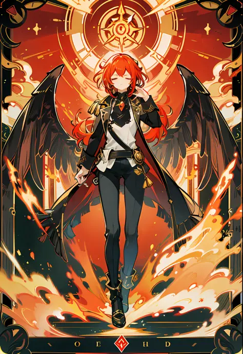 Diluc, tarot card, phoenix in background, hands in praying pose, standing, full-length, Genshin impact, man, solo, red hair, eye...