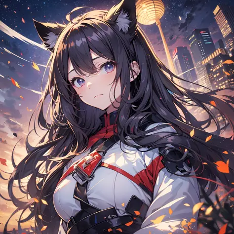 Best quality, 8K)) One woman anime girl with black long hair and cat ears, Rin Tohsaka, anime moe art style, anime style like Fate/stay night, anime girl with long hair, very cute anime girl face, night core, from the front line of girls, cute anime girl p...
