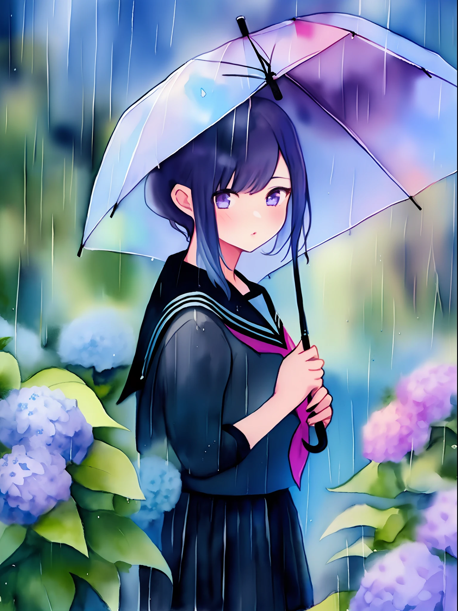 A girl high school student with cat ears and a cute atmosphere is depicted in a watercolor painting. The painting features a rainy day, a colorful umbrella, and a purple hydrangea. The color scheme is pastel.((seifuku))