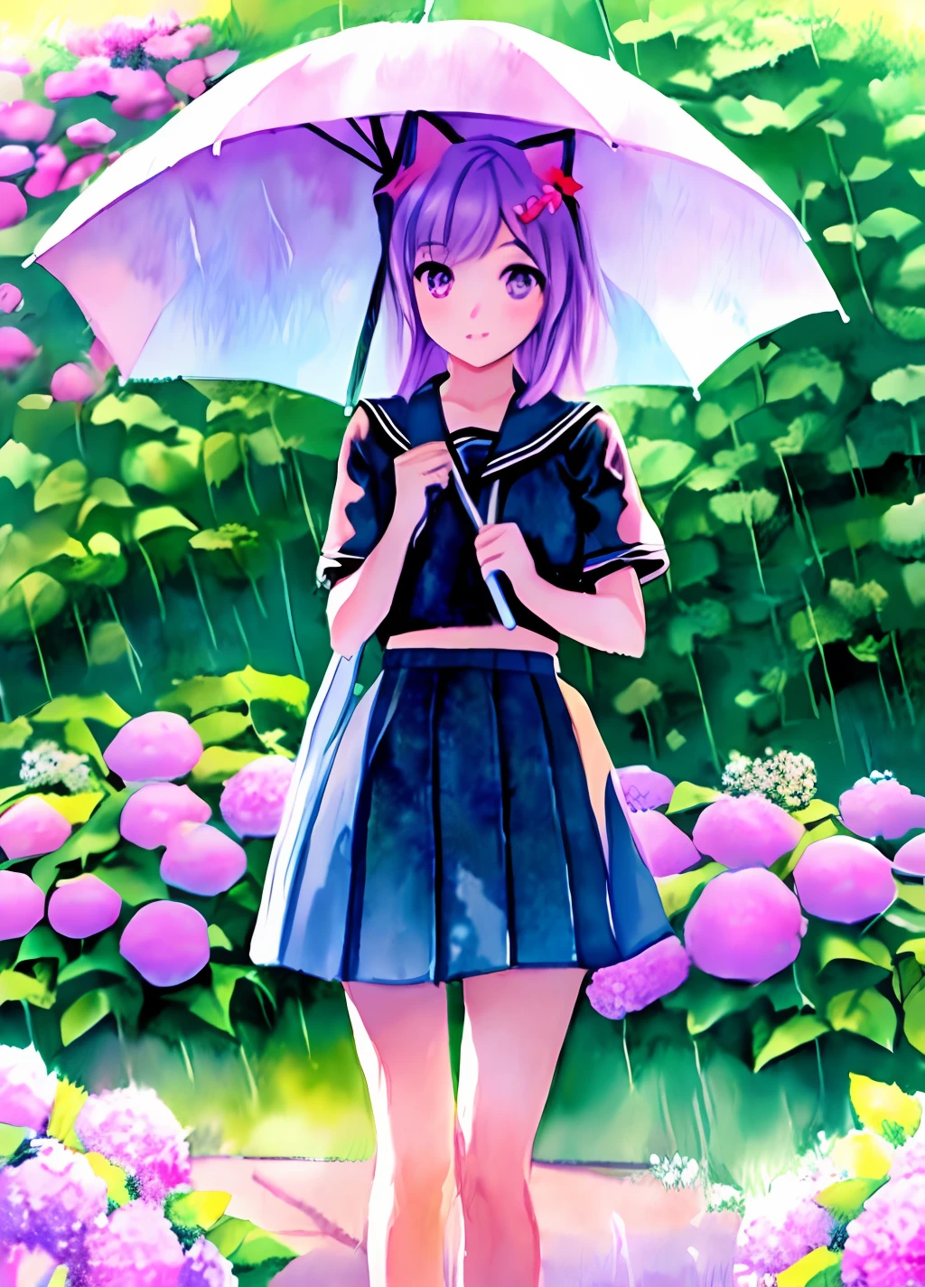 Ein Mädchen High School Schüler mit Katzenohren und eine süße Atmosphäre ist in einem Aquarell dargestellt. Das Gemälde zeigt einen regnerischen Tag, ein bunter Regenschirm, und eine lila Hortensie. Die Farbgebung ist pastellfarben.((seifuku))