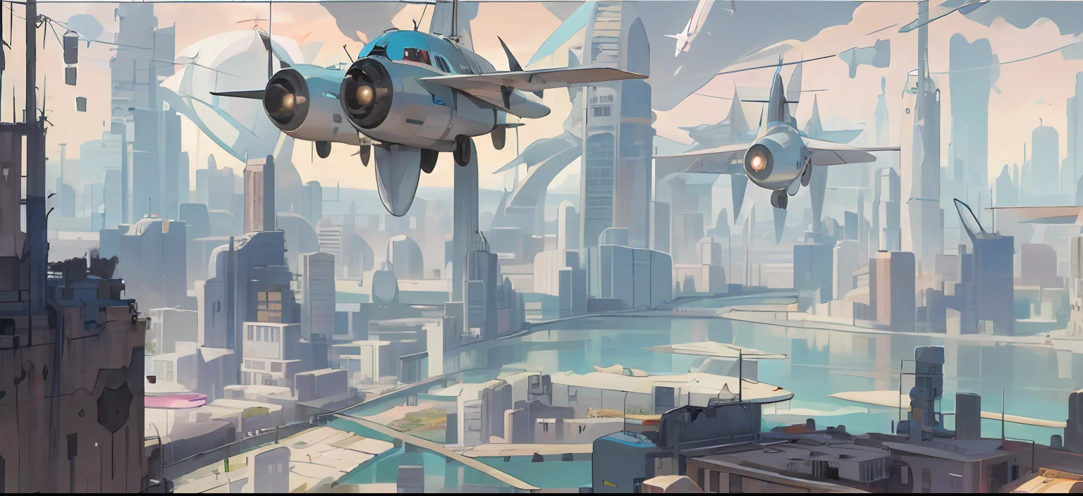 there are two planes flying over a city with a river, flying ships in the background, in a flying city, flying over a city, futuristic dystopian city, cg art, vista of futuristic city, futuristic city backdrop, aerial view of a cyberpunk city, abandoned flying future city, concept art 2022, beeple and tim hildebrandt