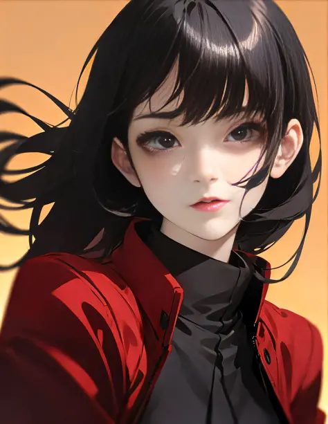 anime girl with black hair and red jacket posing for a picture, anime realism style, realistic anime artstyle, semirealistic ani...