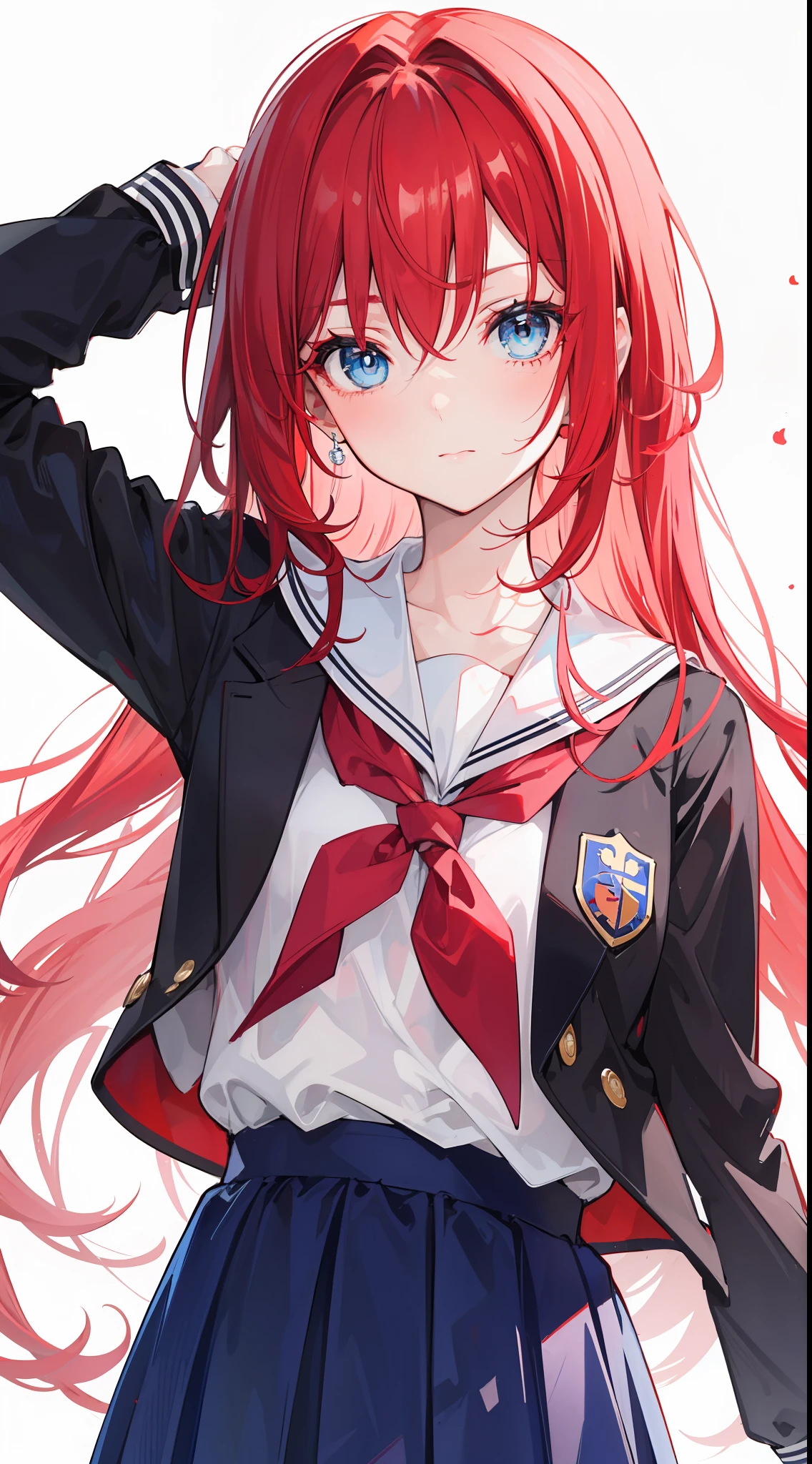 Chica anime con pelo rojo y uniforme posando para la foto. - SeaArt AI