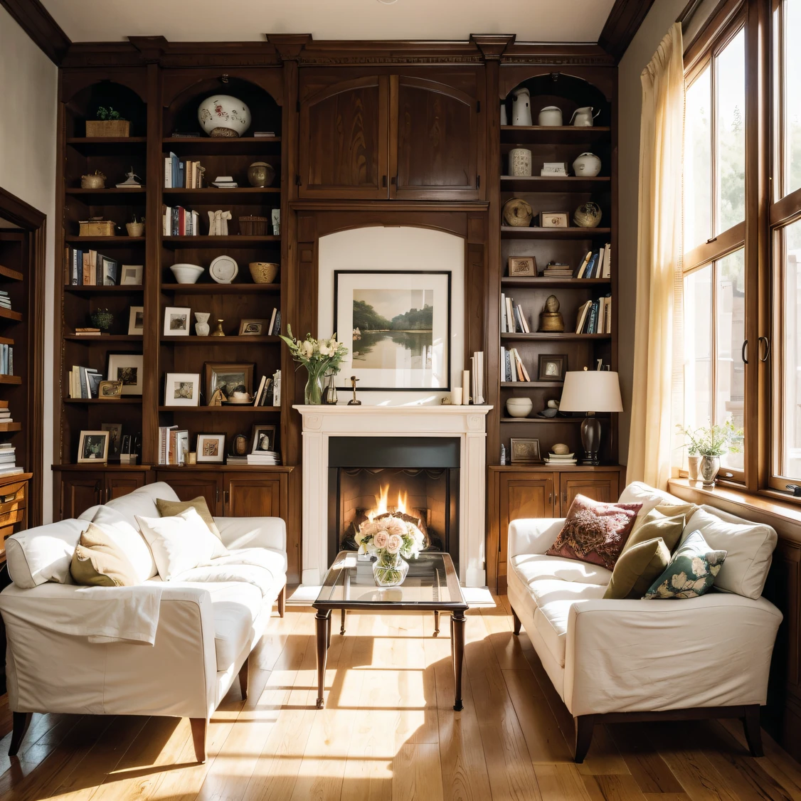 Step into this idyllic living room，It's like stepping into a poetic country world。The warm yellow walls complement the original woody floors，It creates a pleasant and natural atmosphere。Large glass windows flood the room with sunlight，Brighten up the entire space。The sofa is made of comfortable and soft brown fabric，Perfectly blended with straw coffee tables and natural floral decorations，Create a warm and earthy scene。The bookshelves by the fireplace are stocked with classic rustic books and decorations，Echoes the overall style of the room。In this cozy idyllic living room，You will feel the embrace of nature and the enjoyment of tranquility。