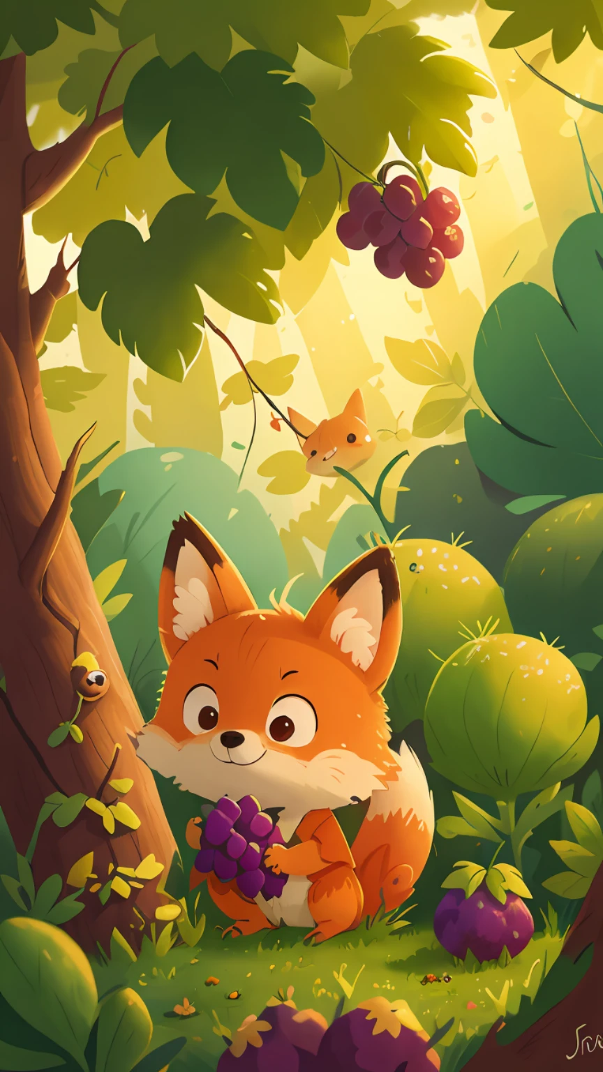 Un pequeño zorro mira las uvas en el árbol