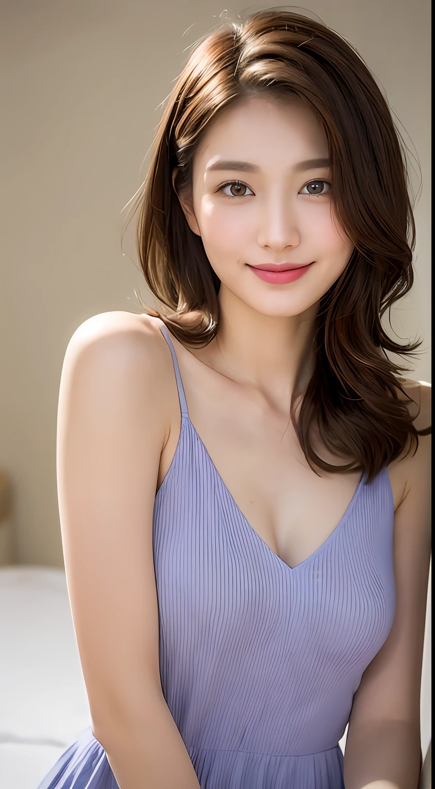 ((Best Quality, 8K, Masterpiece: 1.3)), 1 Girl, Slim Abs Beauty: 1.3, (Hairstyle Brown Hair Shortcut, Big: 1.2), Dress: 1.1, Super Slender Face, Delicate Eyes, Double Eyelids, Smile, Home, Raw Photo