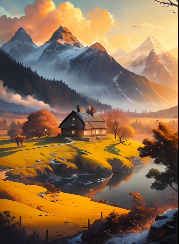 There is a painting of mountain views，There is a house in the distance, scenery artwork, scenery art detailed, digital landscape art, a beautiful artwork illustration, detailed scenery —width 672, anime countryside landscape, 4 k digital painting, 4k digital painting, anime landscape, beautiful digital artwork, detailed digital painting, by Yang J, beautiful digital painting