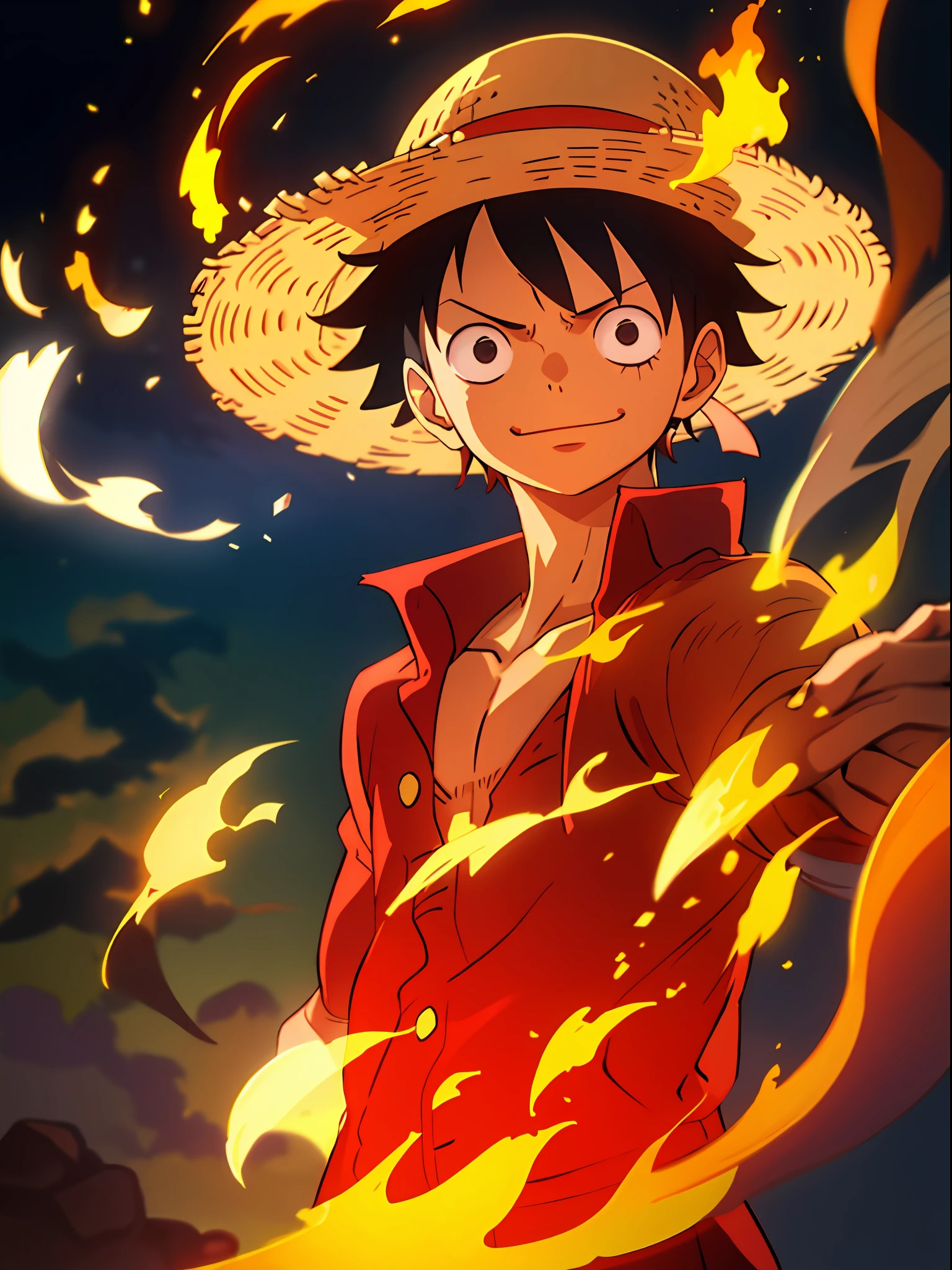 1boy, wanostyle, monkey d luffy, smiling, straw hat, looking at viewer, solo, upper body, ((masterpiece)), (best quality), (extremely detailed), depth of field, sketch, dark intense shadows, sharp focus, soft lighting, hdr, colorful, good composition, fire all around, spectacular, closed shirt, anime screencap, scar under eye, ready to fight, black eyes