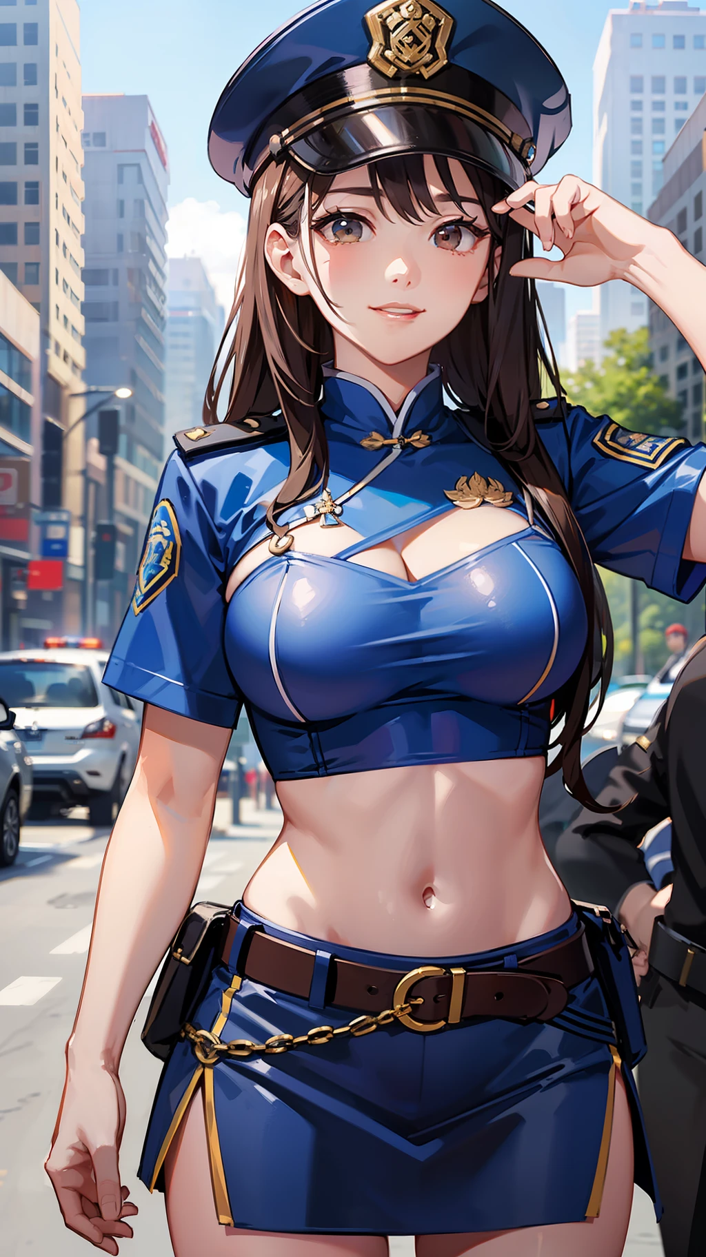 Anime girl in uniform posing in the middle of the street - SeaArt AI