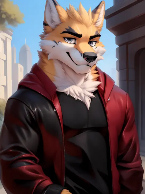 a close up of a person wearing a red jacket and a black shirt，furry character portrait，commission for high res，fursona furry art commission，anthro portrait，very very beautiful furry art，pov furry art，furry fursona，furry character，portrait of an anthro fox，...