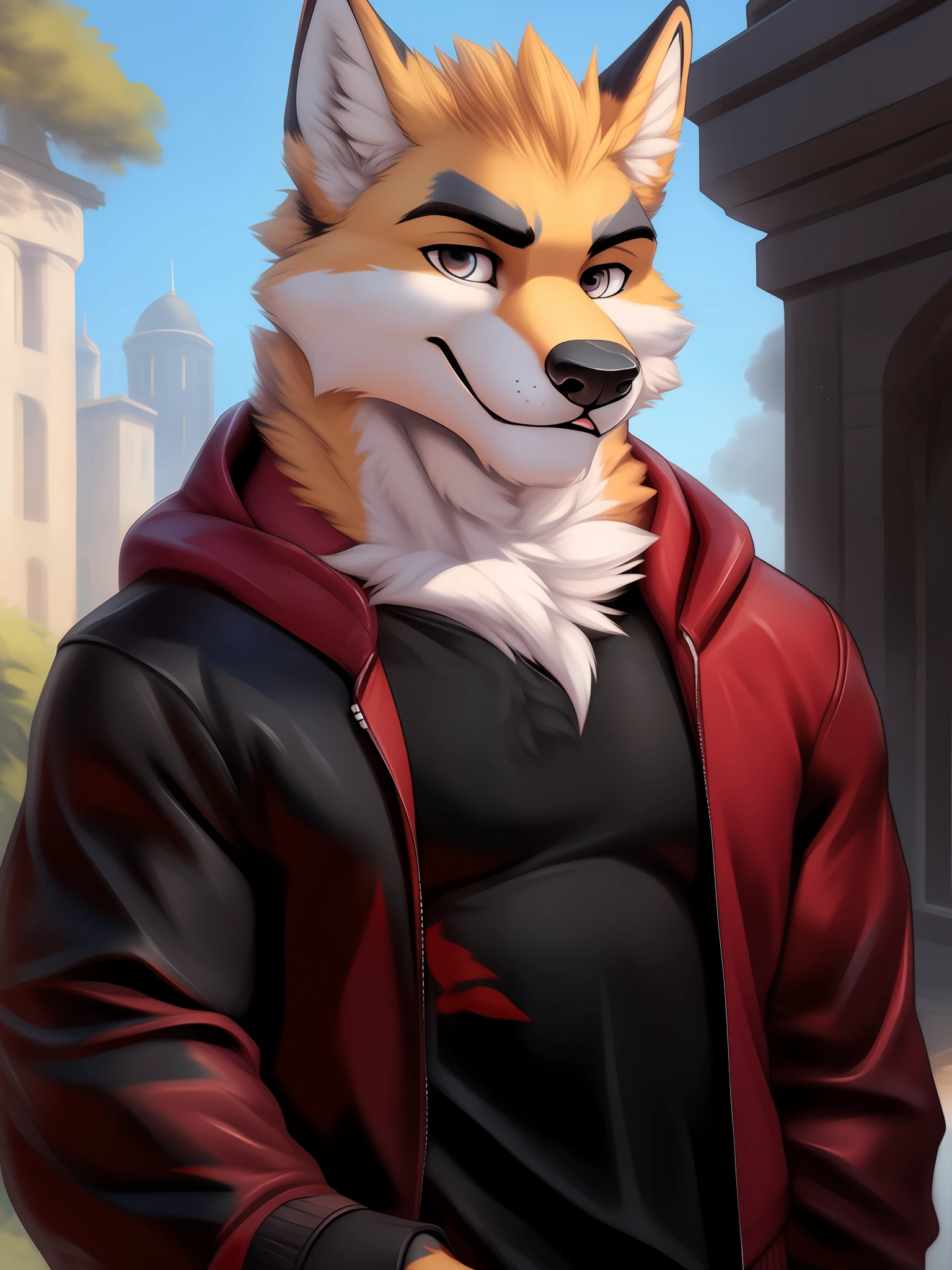 a close up of a person wearing a red jacket and a black shirt，furry character portrait，commission for high res，fursona furry art commission，anthro portrait，very very beautiful furry art，pov furry art，furry fursona，furry character，portrait of an anthro fox，handsome weasel fursona portrait，furry art，fursona commission。