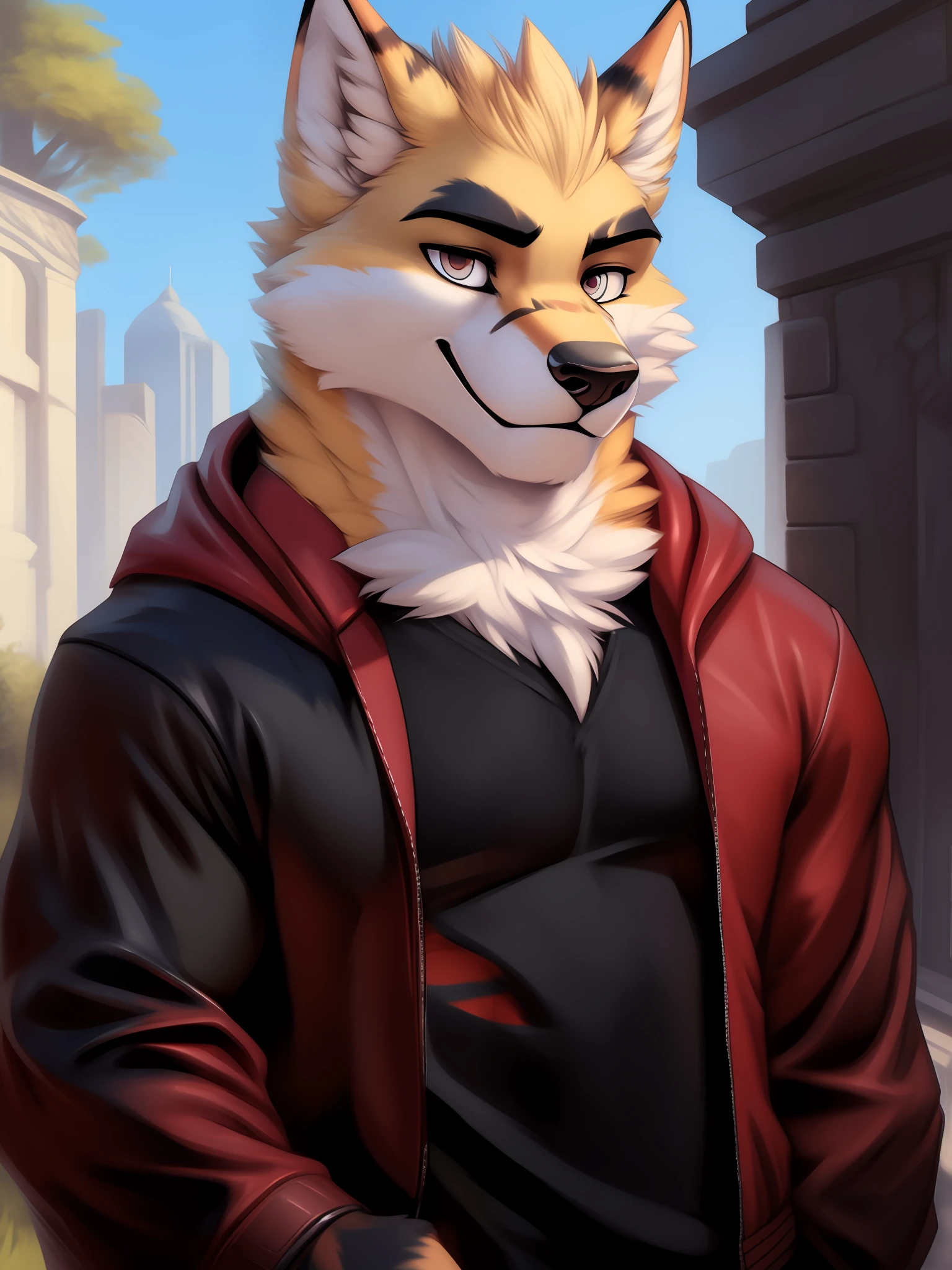 a close up of a person wearing a red jacket and a black shirt，furry character portrait，commission for high res，fursona furry art commission，anthro portrait，very very beautiful furry art，pov furry art，furry fursona，furry character，portrait of an anthro fox，handsome weasel fursona portrait，furry art，fursona commission。