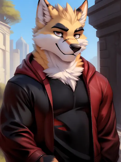 a close up of a person wearing a red jacket and a black shirt，furry character portrait，commission for high res，fursona furry art...