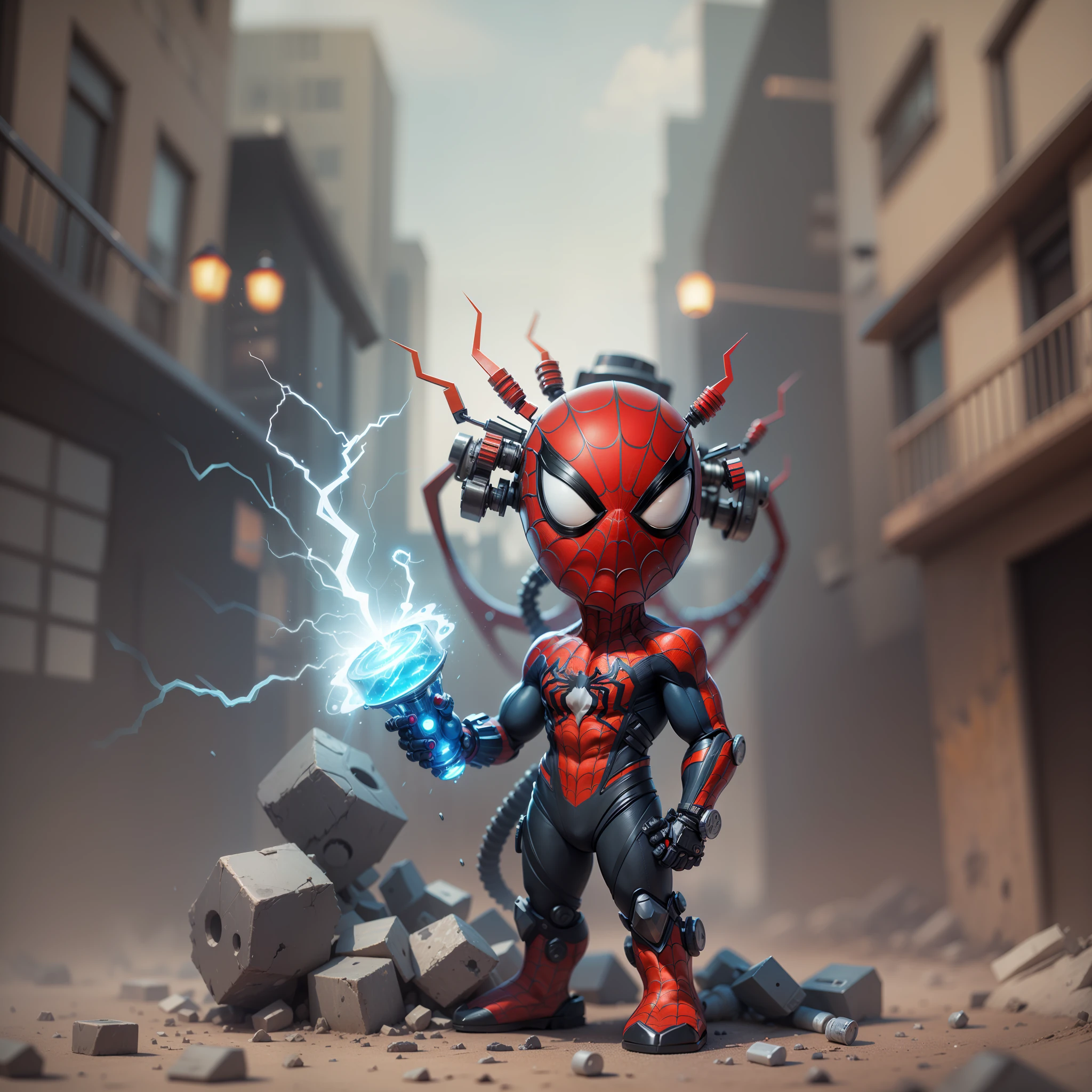 (Mechanical, Spider-Man: 1.331), (Mechanical) Cute Style, Small, Lava Jet, 3D Rendering, ((Q Version)), Machine Style, Movie Textures, Characters, Movie Lights, Heavy Robotic Arm, Background Around Lightning, Lightning, Cool, War Background, Ray Tracing, Full Body 3D Model, Action, Fashion Blind Box Toys. (Filler: 1.2) Chibi