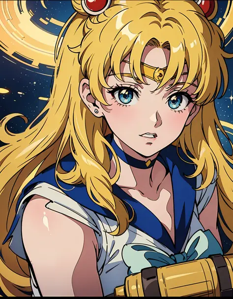 an anime girl with blonde hair on front of a poster, Sailor Moon, in the style of vintage aesthetics, celebrity and pop culture ...