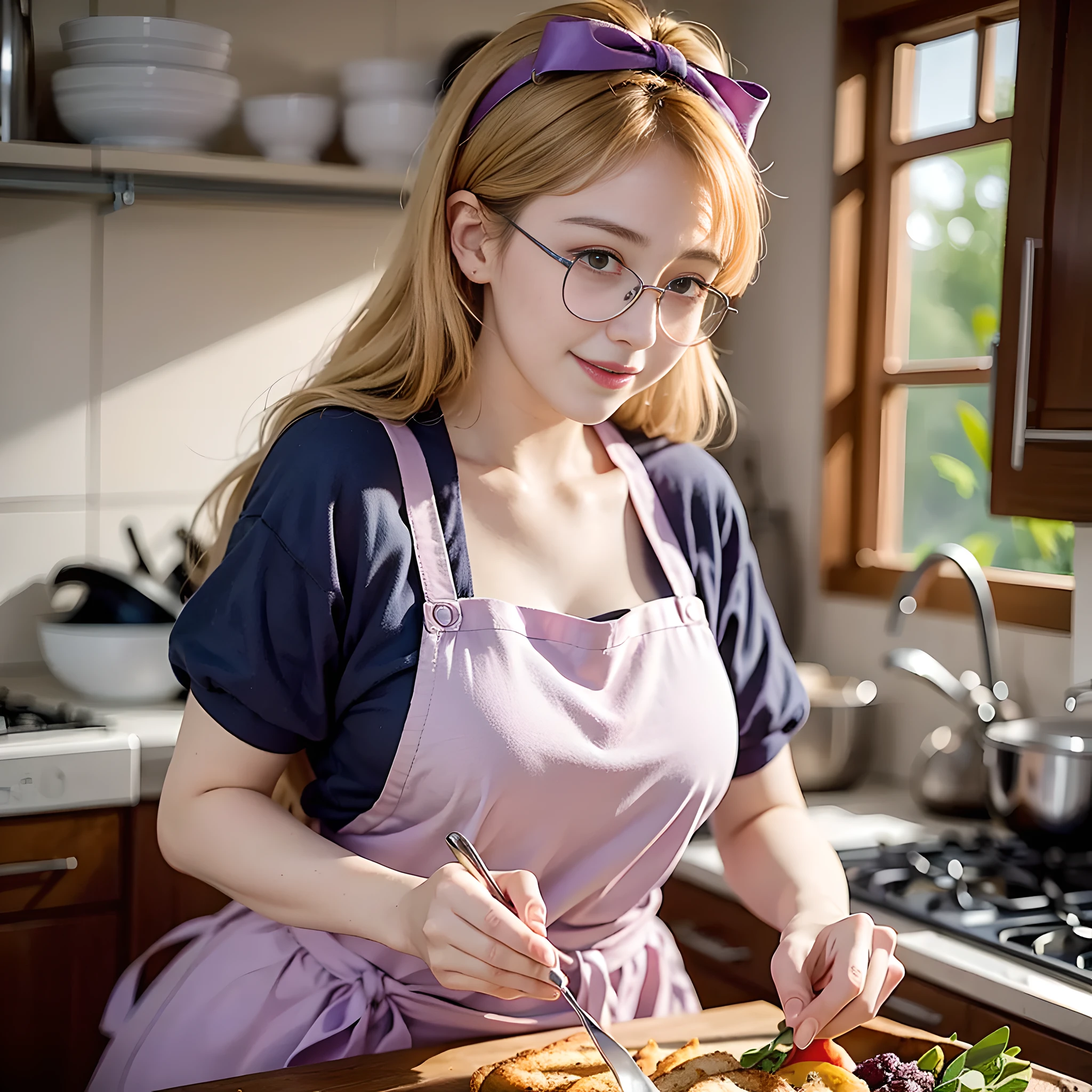 Woman in apron cutting food in kitchen with knife and fork - SeaArt AI